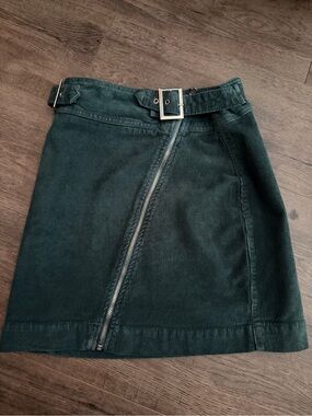 Urban Outfitters Dark Green Corduroy Mini Skirt with Belt & Diagonal Zip